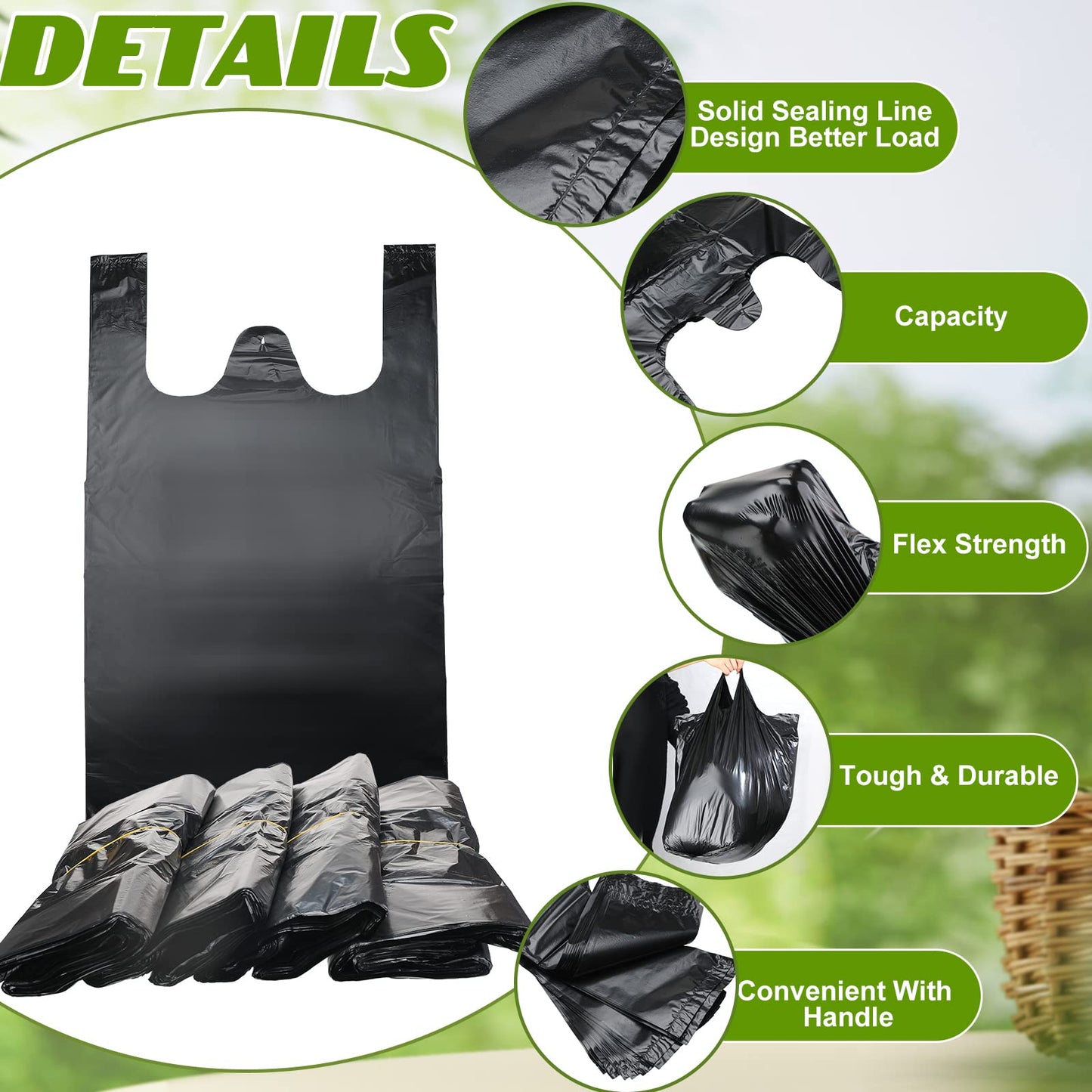 Kisston 400 Count Jumbo Size Plastic T Shirt Bags with Handles, 35 Mic, XX Large Plain Plastic T Shirt Grocery Bags, Thick and Heavy Duty (Black,25" x 15")