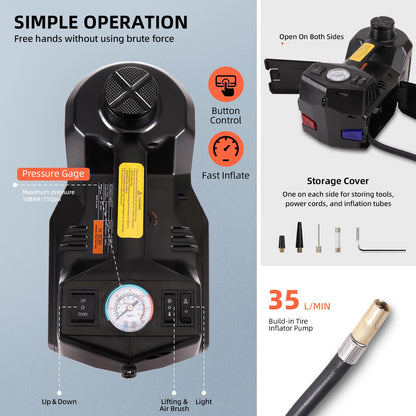 FEANISIFEI Electric Car Jack 5 Ton 12V Floor Jack with Inflator Pump Portable Hydraulic Jack Vehicle Lift for Car SUV Sedan MPV Tire Change with Led Light