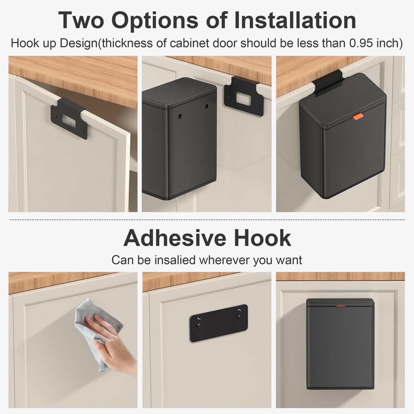 Mbillion Kitchen Compost Bin Hanging Trash Can with Lid 1.05 Gallon Stainless Steel Garbage Can for Kitchen Cabinet Door Mounted Trash Can Under Sink Door RV Bathroom,Brushed Black