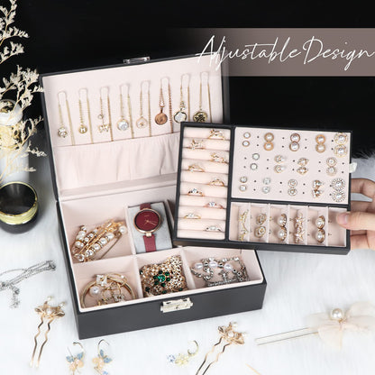 Jewelry Box for Women Girls, 2 Layers Jewelry Organizer Container with Lock, PU Leather Storage Case with Removable Tray, Jewelry Display Box for Necklaces Earrings Bracelets Rings Watches - Black