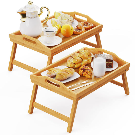 2 Pack Breakfast in Bed Tray for Eating, 16.92 x 12.6 Inch Bed Table Tray with Folding Legs & Handles, Bamboo Food Lap Trays Fits for Adult Kids Eating/TV/Surgery Recovery by Easoger. Set of 2