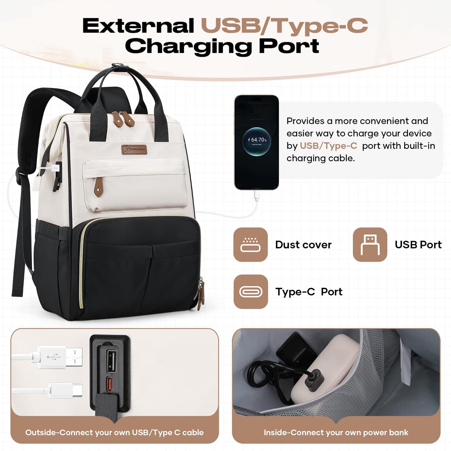 Maelstrom Travel Backpack for Women Men,Laptop Backpack Fits 15.6-17.3 Inch Laptop, Nurse/Teacher/Work Bag with Insulated Lunch Box,Water Resistant Carry On Backpack,Black-Beige