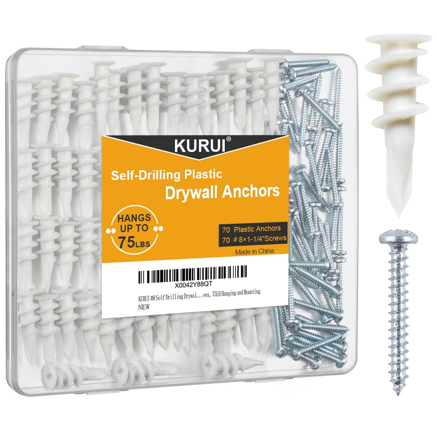 KURUI Wall Hanging Kit for Wall Art Decor Frame Curtain Rods, 140Pcs Heavy Duty Drywall Anchors Substitute Picture Hanging Nails, 70 Dry Wall Anchor and 70 8 x 1-1/4'' Screws, 75Lb Picture Hangers