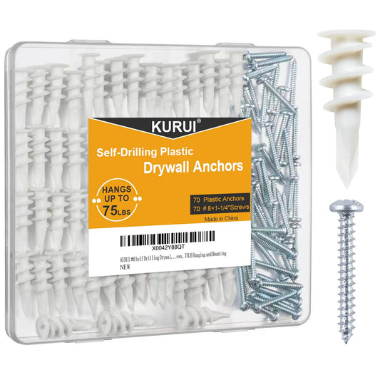 KURUI Wall Hanging Kit for Wall Art Decor Frame Curtain Rods, 140Pcs Heavy Duty Drywall Anchors Substitute Picture Hanging Nails, 70 Dry Wall Anchor and 70 8 x 1-1/4'' Screws, 75Lb Picture Hangers