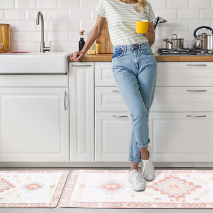 FRESHMINT Anti Fatigue Kitchen Mats for Floor 2 Piece Set, Waterproof & Non-Skid Boho Kitchen Rugs, Cushioned Kitchen Mat for Standing Washable Comfort Desk Kitchen Runners, 17x30+17x47