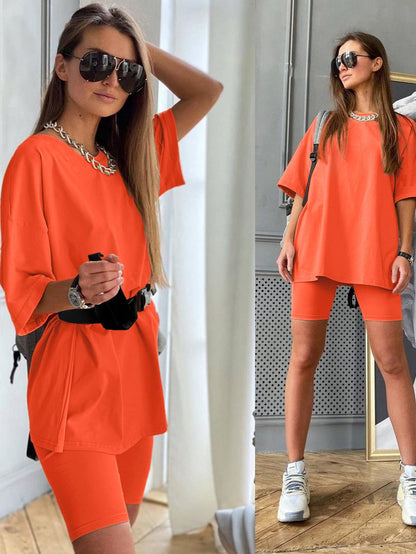 Glamaker Women 2 Piece Outfit sets Casual Oversized T-Shirt Tops Biker Shorts Workout Sport Tracksuit Fluorescent Orange Small
