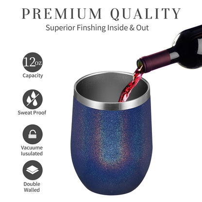 MEWAY 12oz/4 Pack Wine Tumbler Glasses with Lid - Stemless Double Wall Vacuum Stainless Steel Glitter Tumbler - Keeping Cold & Hot Cup for Coffee,for Women(Rainbow Navy,Set of 4)