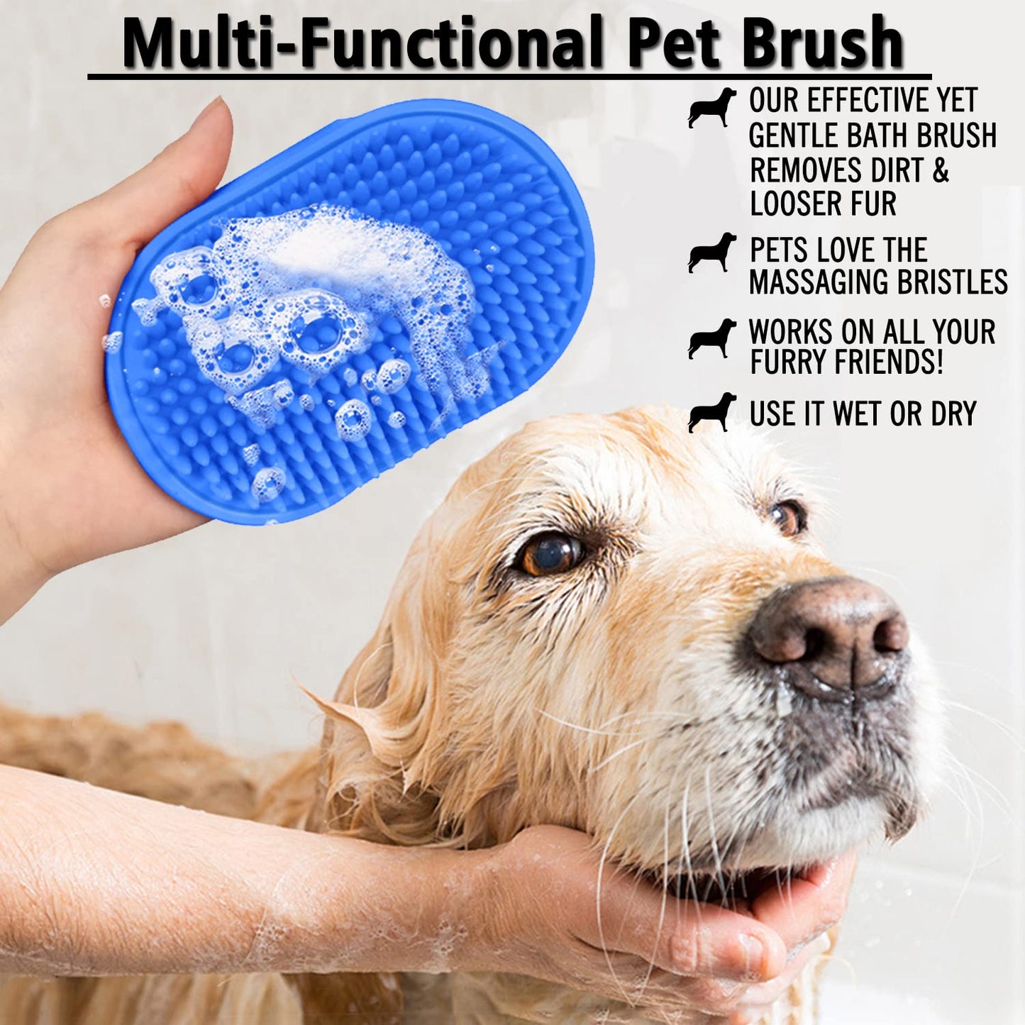 Kwispel Dog Grooming Brush, Pet Shampoo Bath Brush Shedding Soothing Massage Rubber Comb with Adjustable Ring Handle for Long Short Haired Dogs and Cats 2pcs