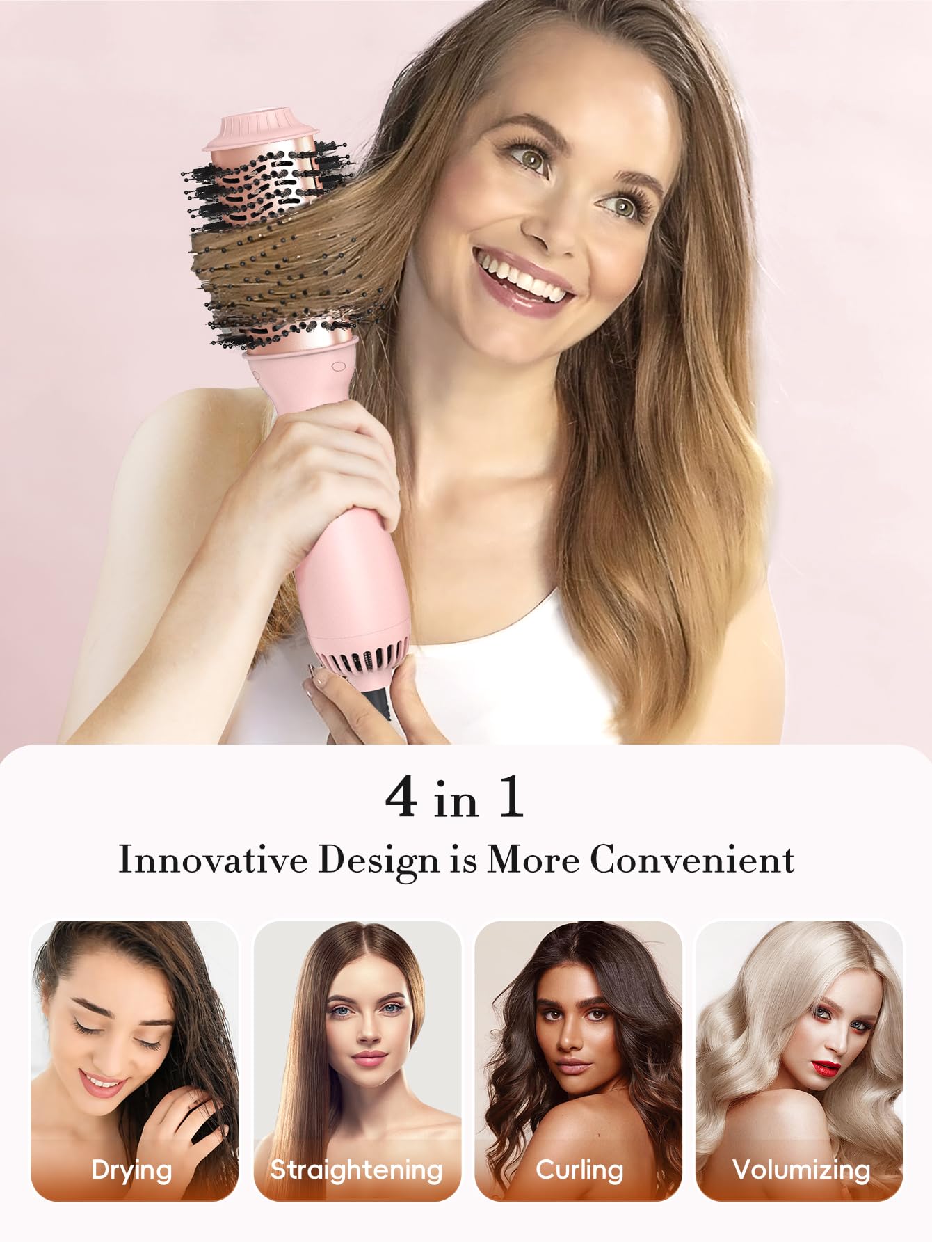 LANDOT Hair Blow Dryer Brush: One-Step Hot Air Brush with 60mm Oval Barrel - 4 in 1 HairDryer Styler and Volumizer for Drying Straightening Curling Volumizing Hair Fight Frizz and Add Volume