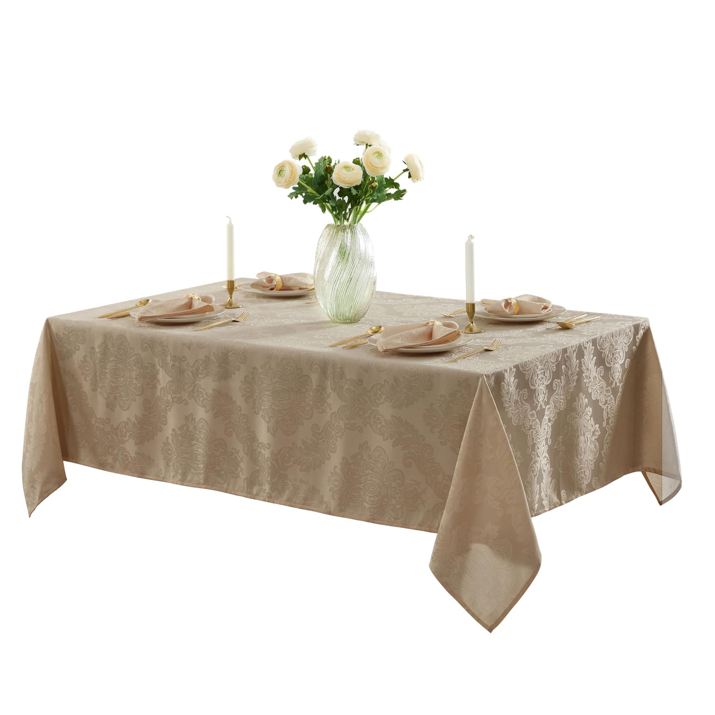 Newbridge Barcelona Luxury Damask Fabric Tablecloth, 70” Extra Wide x 90” Rectangle, Golden Beige, 100% Polyester, No Iron, Soil Resistant Dining Room, Party and Banquet Table Cover