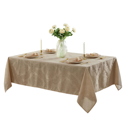 Newbridge Barcelona Luxury Damask Fabric Tablecloth, 70” Extra Wide x 90” Rectangle, Golden Beige, 100% Polyester, No Iron, Soil Resistant Dining Room, Party and Banquet Table Cover