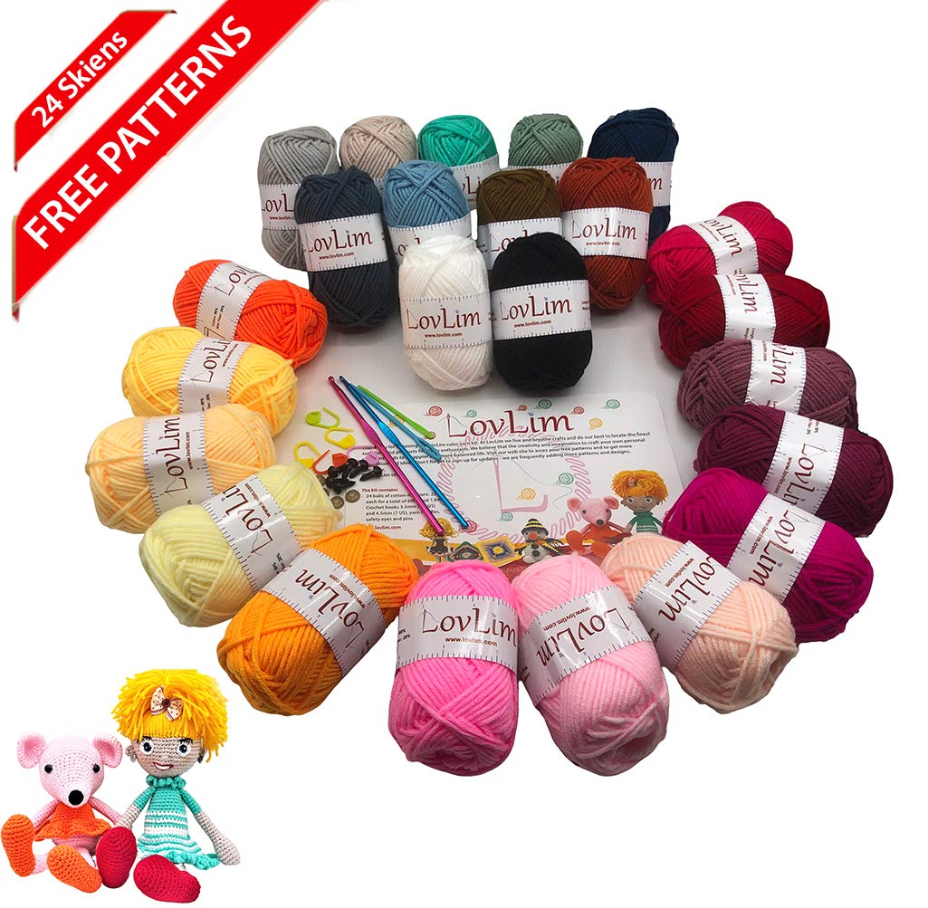 LovLim Crochet Yarn kit, 24 Soft Cotton Yarn skeins, 1500+ Yards, for Crochet and Knitting, Craft DK Yarn, Free Crochet/Amigurumi Patterns, Perfect Starter kit