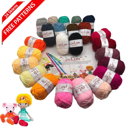 LovLim Crochet Yarn kit, 24 Soft Cotton Yarn skeins, 1500+ Yards, for Crochet and Knitting, Craft DK Yarn, Free Crochet/Amigurumi Patterns, Perfect Starter kit
