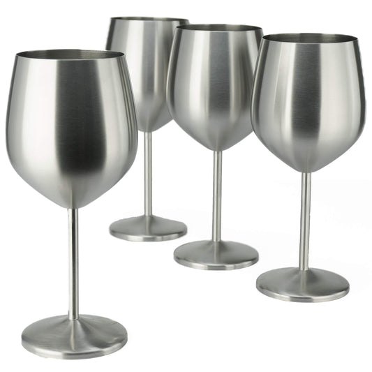 PG Set of 4 Stainless Steel Wine Glass - 18.5oz Silver Brush Finished Wine Glasses - Unbreakable Wine Glasses - Stem Metal Wine Goblets