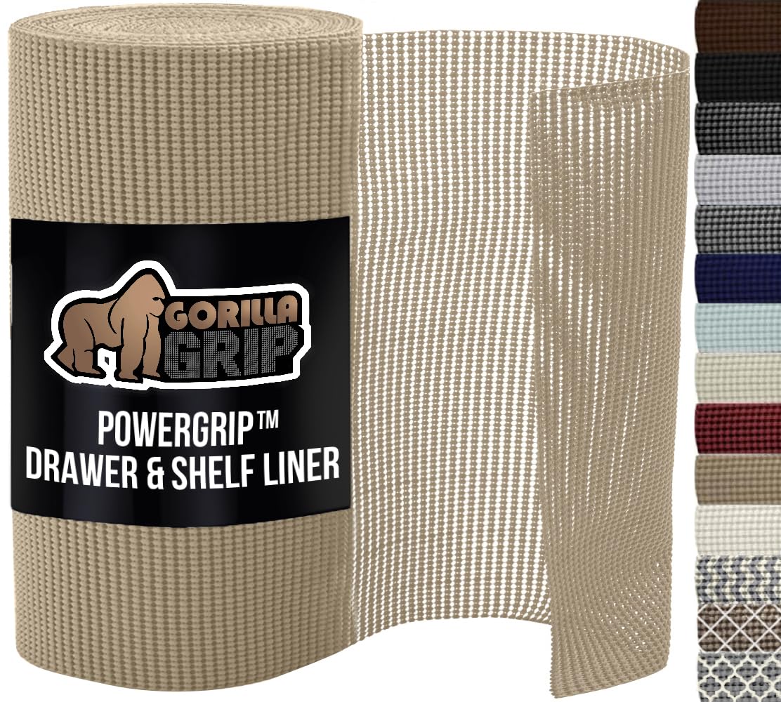 GORILLA GRIP powerGRIP Drawer Shelf and Cabinet Liner, Thick Strong Hold, Non-Adhesive Liners Protect Kitchen Cabinets and Cupboard, Bathroom Drawers, Easy Install, Breathable Mat, 12" x20', Beige