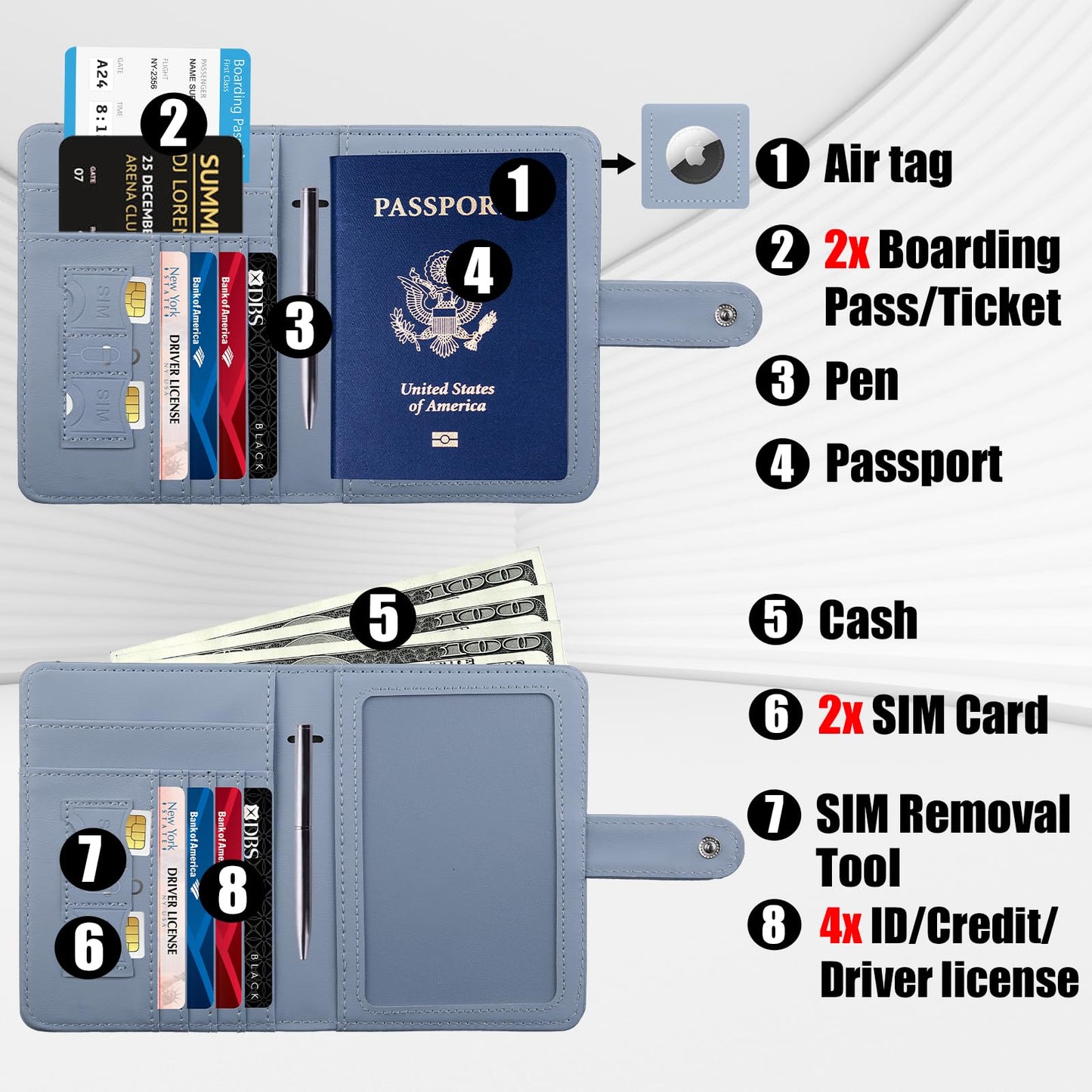 GOAUS Passport Holder for Travel with Airtag Card Slots, Money Pocket, Women Men RFID Blocking Wallet Book Case Blue
