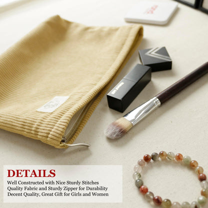 HAPPYHEIDI Creamy White Corduroy Makeup Bag Cosmetic Toiletry Travel Pouch, Make Up Accessory Purse Organizer, Canvas Lined