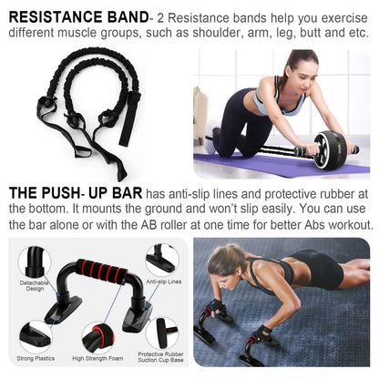 Ab Roller Wheel, 10-In-1 Ab Exercise Wheels Kit with Resistance Bands, Knee Mat, Jump Rope, Push-Up Bar - Home Gym Equipment for Men Women Core Strength & Abdominal Exercise (Black)
