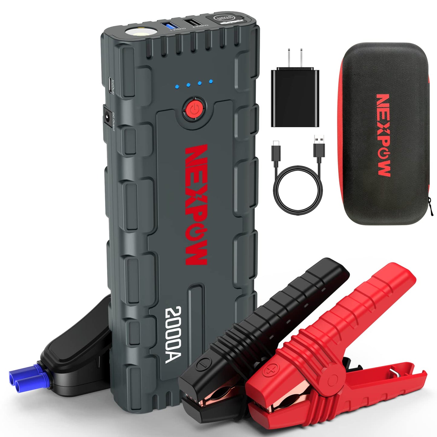 NEXPOW 2000A Peak Car Jump Starter with USB Quick Charge 3.0 (Up to 7.0L Gas or 6.5L Diesel Engine), 12V Portable Jump Box, Battery Booster with Built-in LED Light