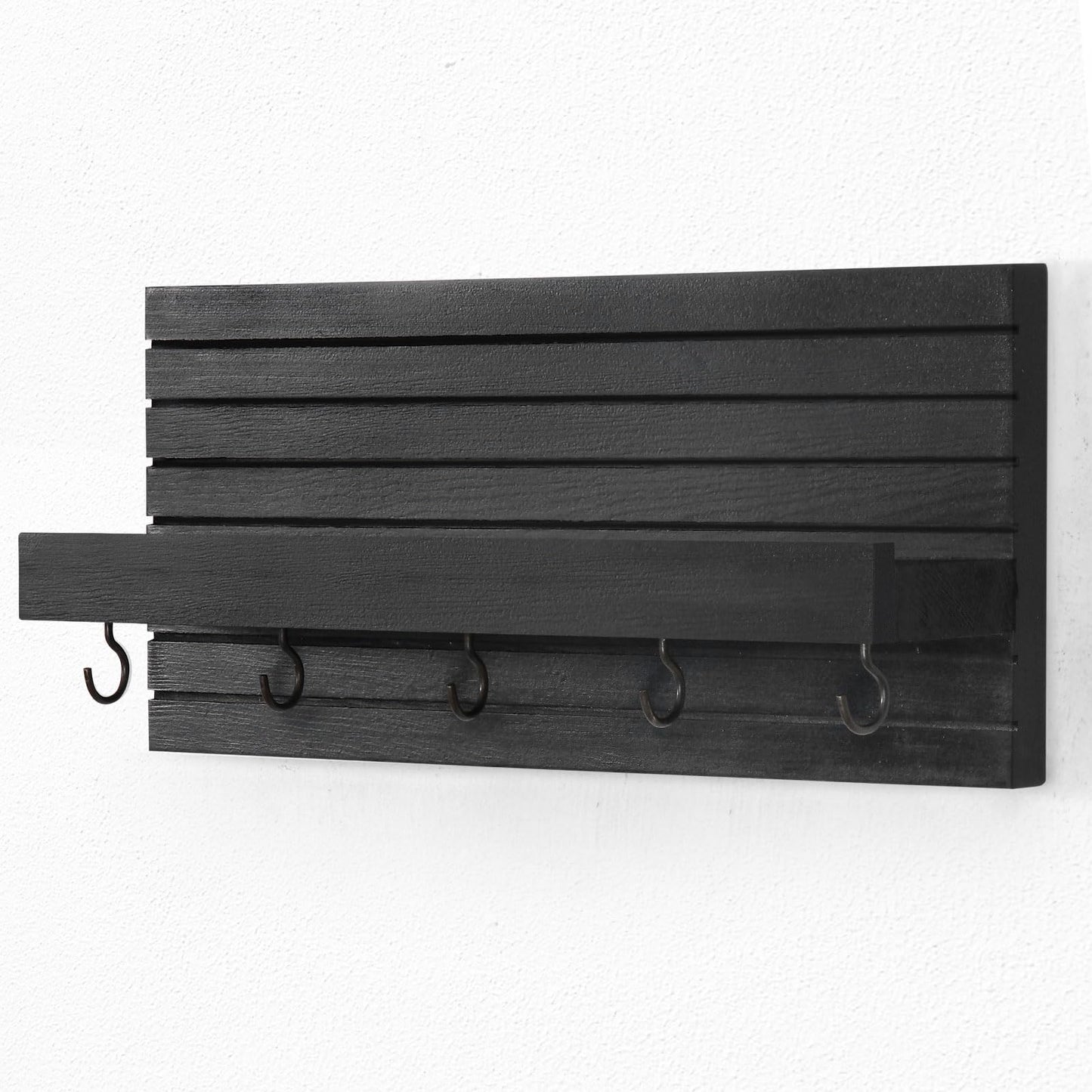 Lwenki Decorative Key Holder for Wall with Shelf, Entryway Shelf with Hooks Holds Leashes, Jackets and Glasses – Sturdy Wood Keyholder Entrance Hanger with Mounting Hardware (Black)