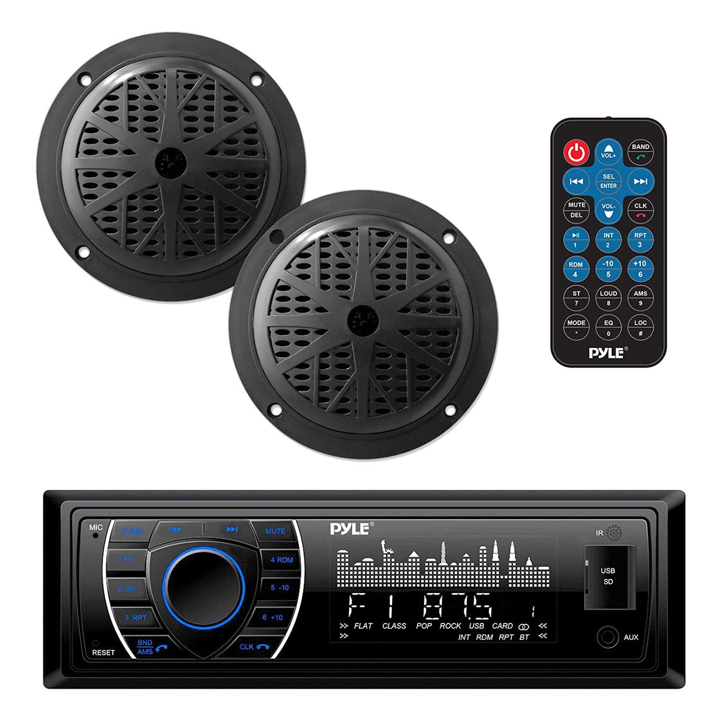 Pyle Marine Headunit Receiver Speaker Kit - In-Dash LCD Digital Stereo Built-in Bluetooth & Microphone w/ AM FM Radio System 5.25’’ Waterproof Speakers (2) MP3/SD Readers & Remote Control-PLMRKT46BK