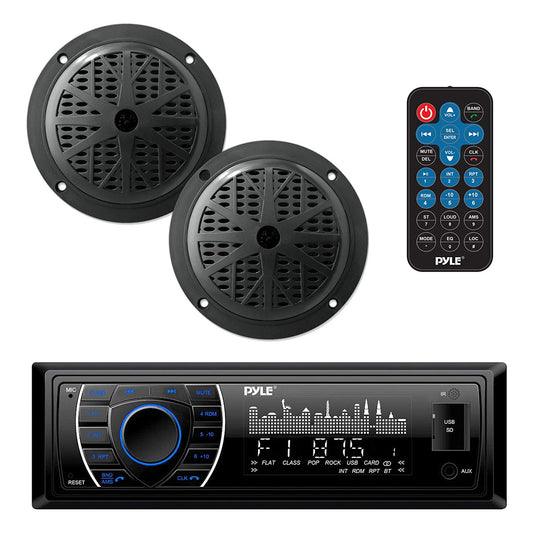 Pyle Marine Headunit Receiver Speaker Kit - In-Dash LCD Digital Stereo Built-in Bluetooth & Microphone w/ AM FM Radio System 5.25’’ Waterproof Speakers (2) MP3/SD Readers & Remote Control-PLMRKT46BK