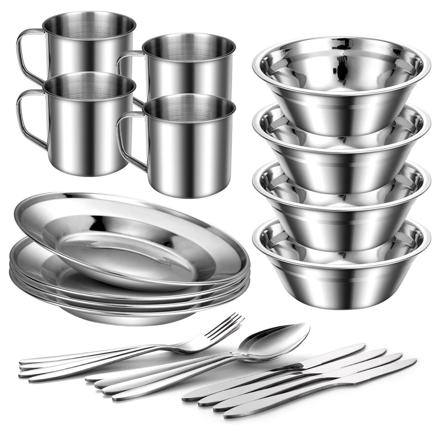 Odoland 29pcs Stainless Steel Utensils Camping Tableware Kit with Bowls Plates Cups Forks Spoons and Knives for 4, Cutlery Flatware Set for Backpacking, Outdoor Camping Hiking and Picnic