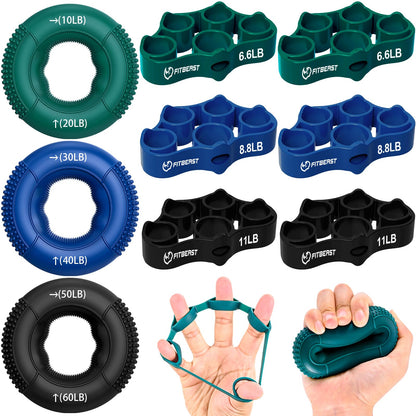 FitBeast Hand Grip Strengthener, Finger Exerciser, Forearm Strengthener Kit - 9 Pack, Targeted Hand & Forearm Strength, Relief & Recovery Kit (Deep Blue)