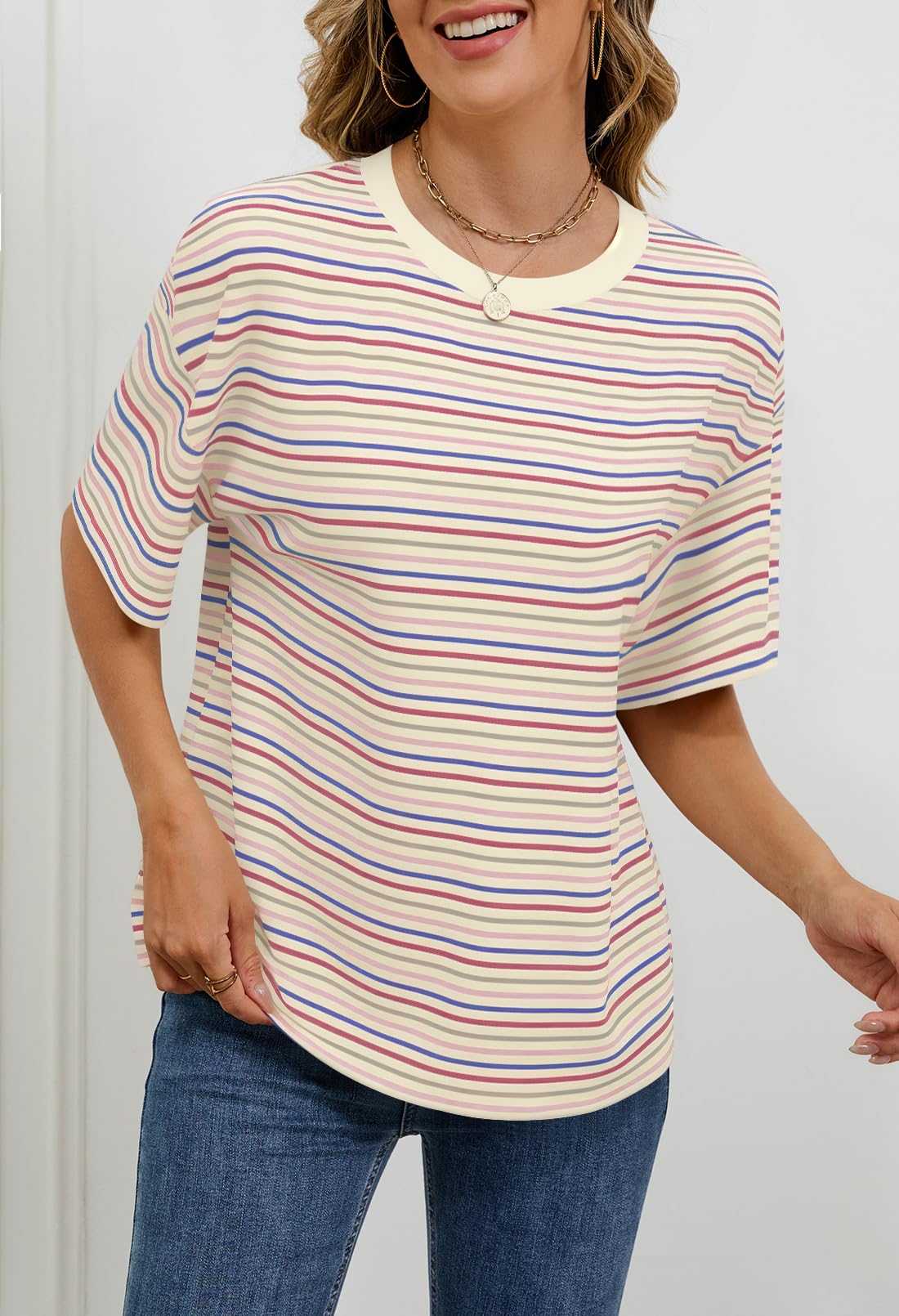 MEROKEETY Women's Summer Short Sleeve Shirt Casual Colourful Striped Crewneck Loose Tops Blouse, Beige, Medium