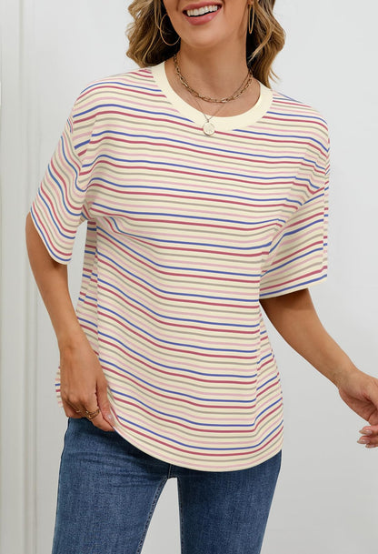 MEROKEETY Women's Summer Short Sleeve Shirt Casual Colourful Striped Crewneck Loose Tops Blouse, Beige, Medium