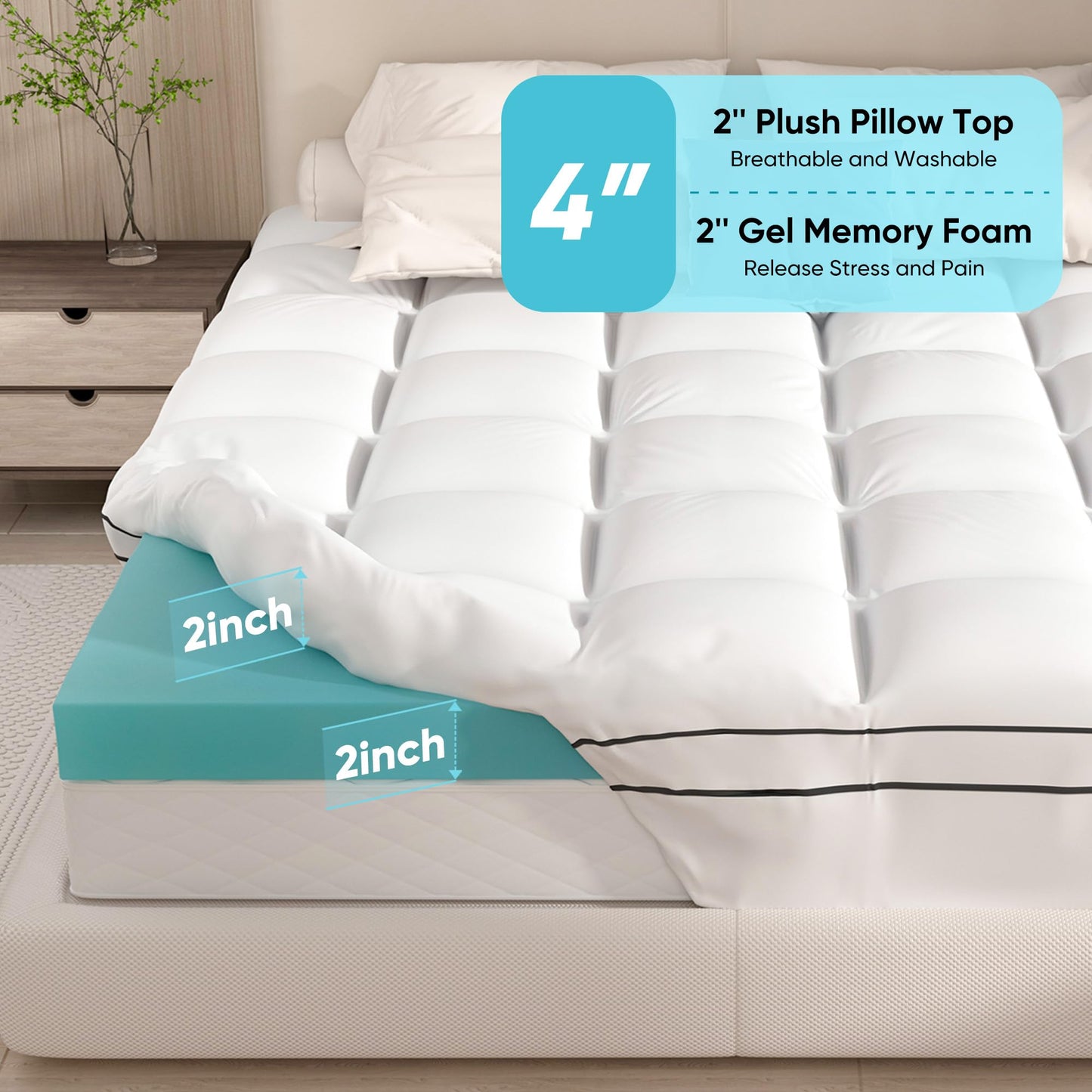 Memory Foam Mattress Topper Twin Size, Dual Layer 4 Inch Mattress Pad,2 Inch Gel Memory Foam Plus 2 Inch Pillow Top Cover with 8-21 Inch Deep Pocket
