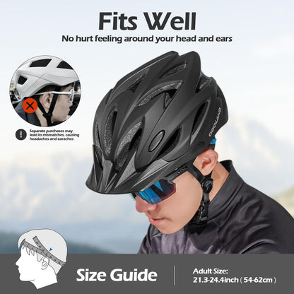 Odoland Bike Helmet with Cycling Sunglasses, Adjustable Size Adult Cycling Helmets for Men Women Road Bike Mountain Ebike, Matte Black