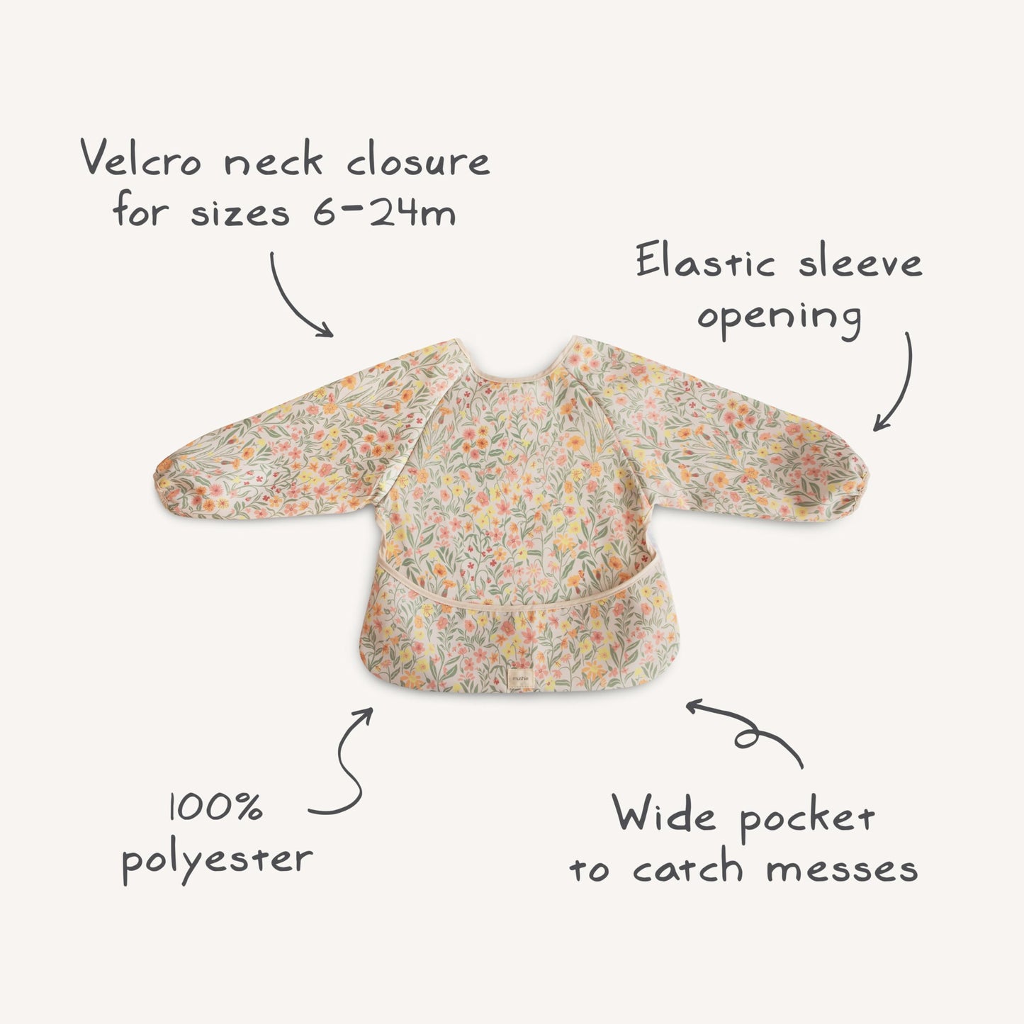 mushie Long Sleeve Baby Bib | Water Resistant Adjustable Fit for Ages 6-24 Months (Pastel Blooms)