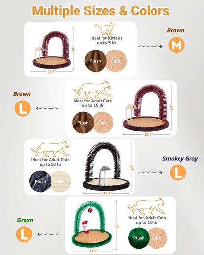 Happi N Pets Original Cat Self Groomer, Arch Grooming Brush wtih Heavy Wooden Scratching Pad, Rubbing Post & Toy, Cat Face Scratchers Body Massager, Cat Scratchers for Indoor Cats, Brown