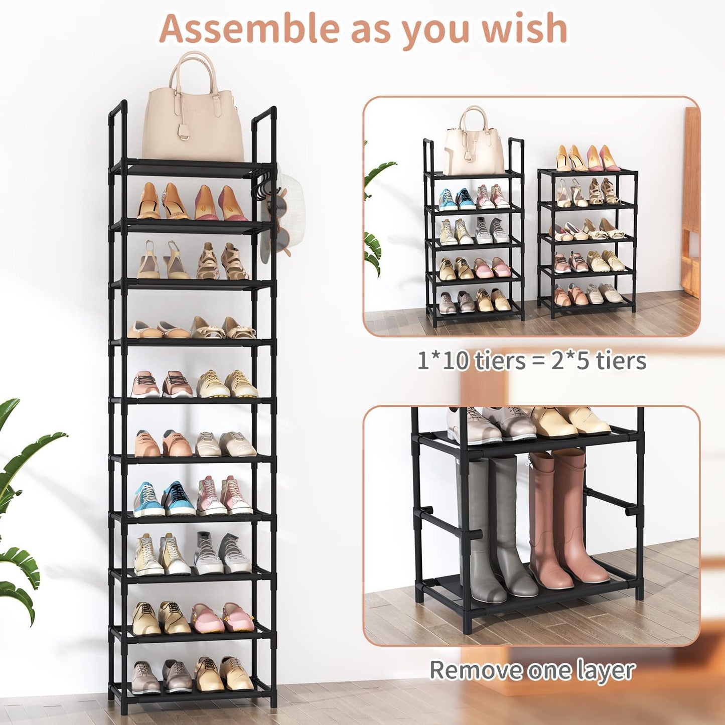 LANTEFUL 10 Tiers Tall Shoe Rack 20-25 Pairs Boots Organizer Storage Sturdy Narrow Shoe Shelf for Entryway, Closets with Hooks, Black
