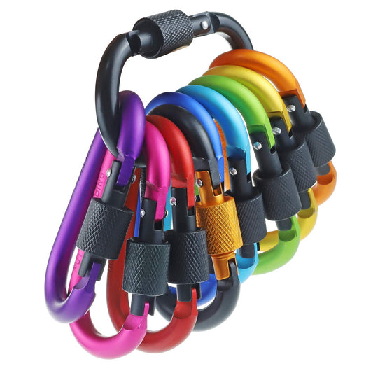 IEBUOBO 10 Pack Aluminum D Ring Key Rings Hiking Clips Locking Carabiner for Hiking Camping Fishing and Outdoor Use，Clips with Screw Gate Multicolored