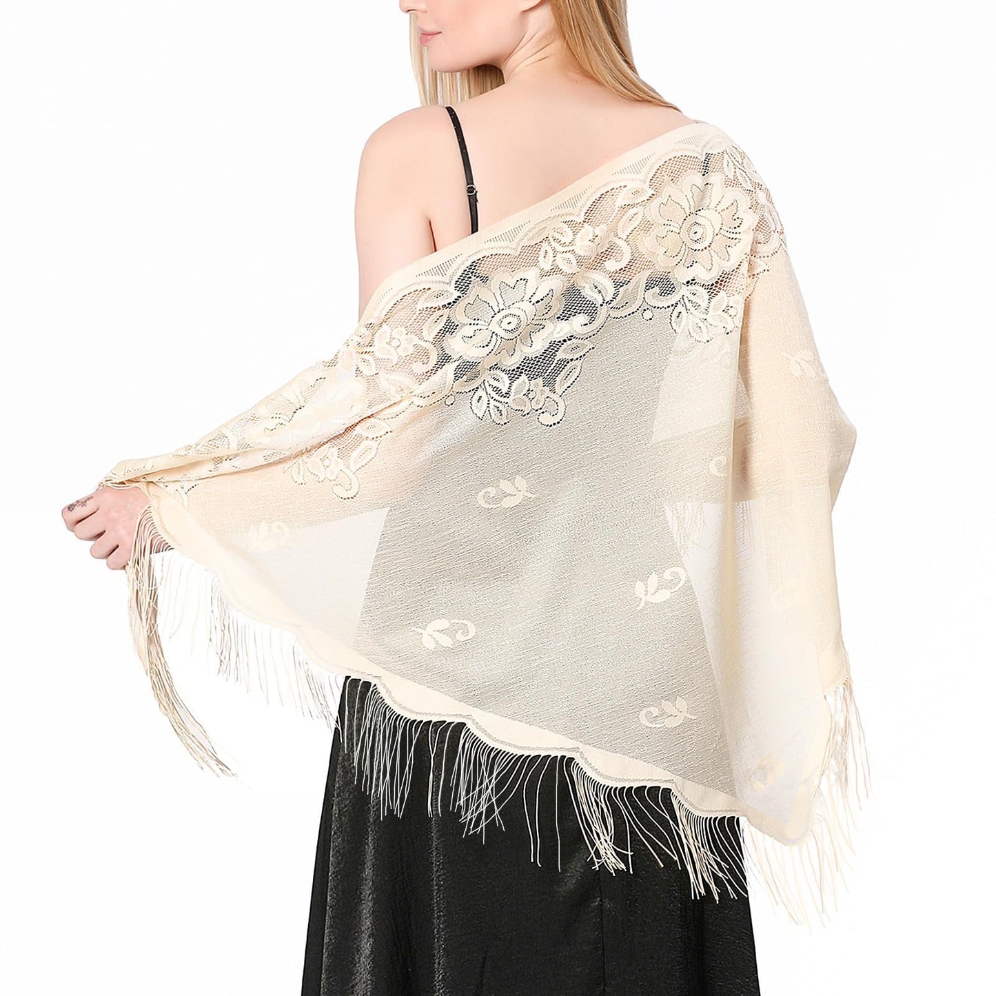 Ladiery Triangle Lace Shawls and Wraps for Evening Dresses with Tassels for Evening Party Mesh Wedding Shawls