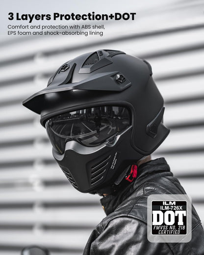 ILM Open Face Motorcycle 3/4 Half Helmet for Dirt Bike Moped ATV UTV Motocross Cruiser Scooter DOT Model 726X (Matte Black,XL