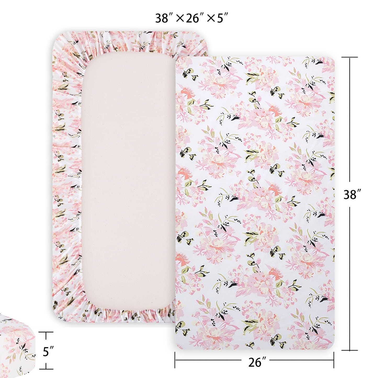 Little Grape Land Pack and Play Sheets Mini Crib Sheets Soft Breathable Pack N Play Sheets, Playard Fitted Sheet 2 Pack Stretchy Fits 38"x26" Playard Mattress, Pink Floral