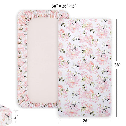Little Grape Land Pack and Play Sheets Mini Crib Sheets Soft Breathable Pack N Play Sheets, Playard Fitted Sheet 2 Pack Stretchy Fits 38"x26" Playard Mattress, Pink Floral