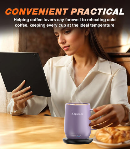 Kepwam Self Heating Coffee Mug T2, 16oz Smart Heated Coffee Mug, 150 Min Battery Life - Hot up to 149℉ Temperature Control Coffee Mug Warmer, Gifts for Dad Mom (No APP)