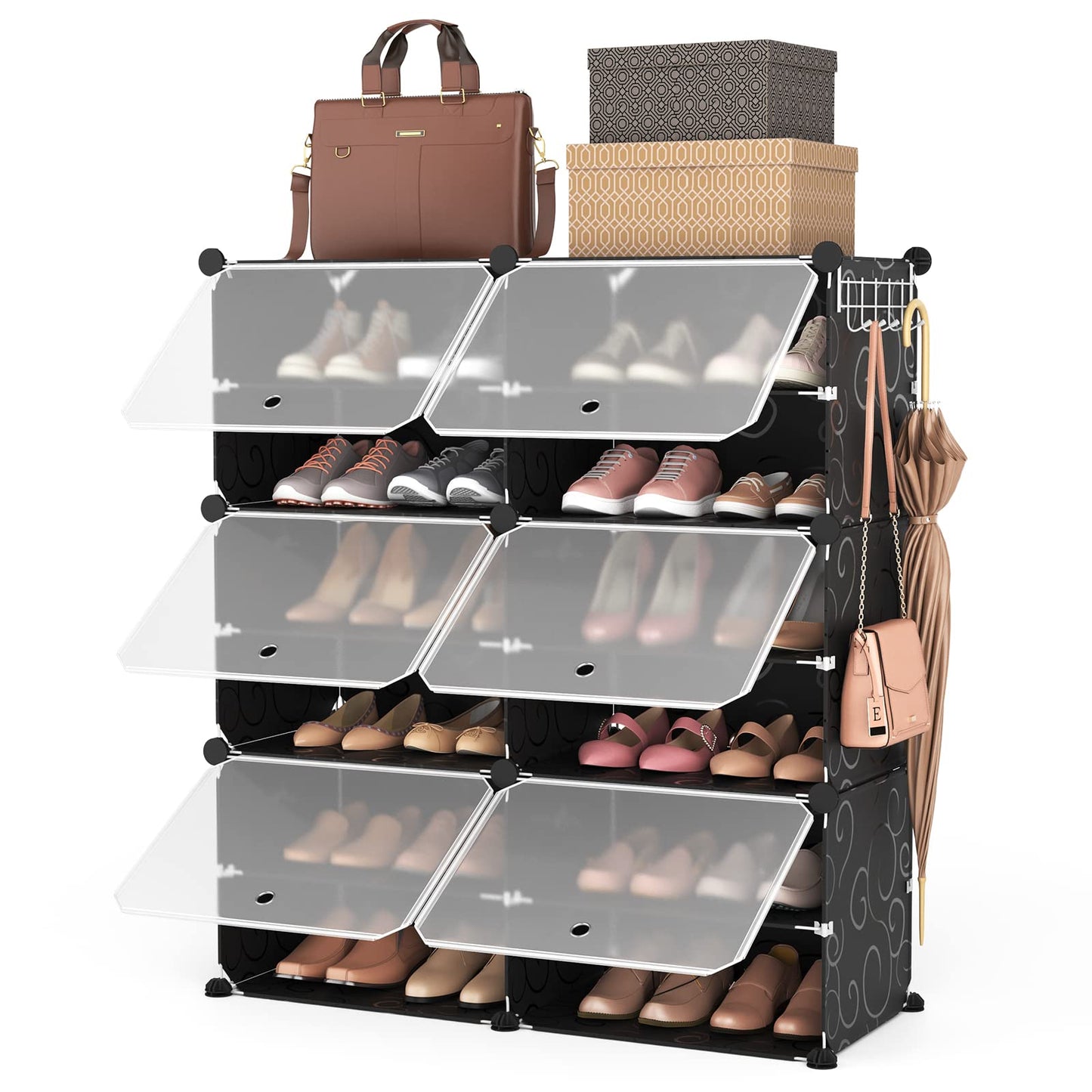 ROJASOP Portable Shoe Rack Organizer 6-Tier Shoe Cabinet 24-Pair shoe Storage Expandable Free Standing Stackable Space Shoe Rack with 2 exclusive Versatile Hooks for Bedroom Black