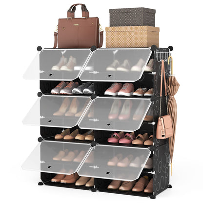 ROJASOP Portable Shoe Rack Organizer 6-Tier Shoe Cabinet 24-Pair shoe Storage Expandable Free Standing Stackable Space Shoe Rack with 2 exclusive Versatile Hooks for Bedroom Black