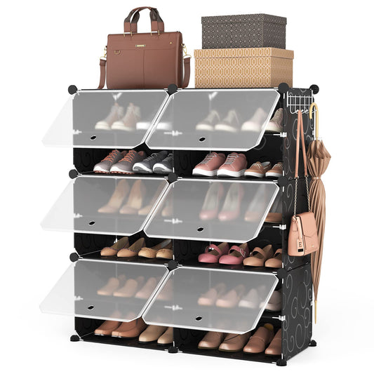 ROJASOP Portable Shoe Rack Organizer 6-Tier Shoe Cabinet 24-Pair shoe Storage Expandable Free Standing Stackable Space Shoe Rack with 2 exclusive Versatile Hooks for Bedroom Black