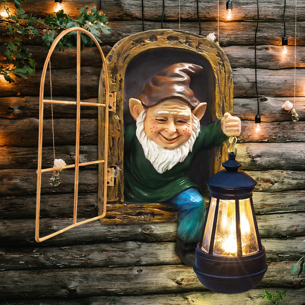 REYISO Whimsical Fairy Garden Gnomes with Solar Lights-10 Elf Out The Door Tree Hugger Garden Statues-Outdoor&Yard Decor-Tree Face Sculpture,Ideal Gnomes Gifts - Yard Art for Patio,Fence,Wall