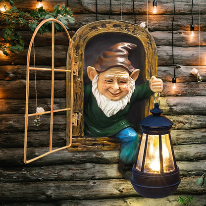 REYISO Whimsical Fairy Garden Gnomes with Solar Lights-10 Elf Out The Door Tree Hugger Garden Statues-Outdoor&Yard Decor-Tree Face Sculpture,Ideal Gnomes Gifts - Yard Art for Patio,Fence,Wall