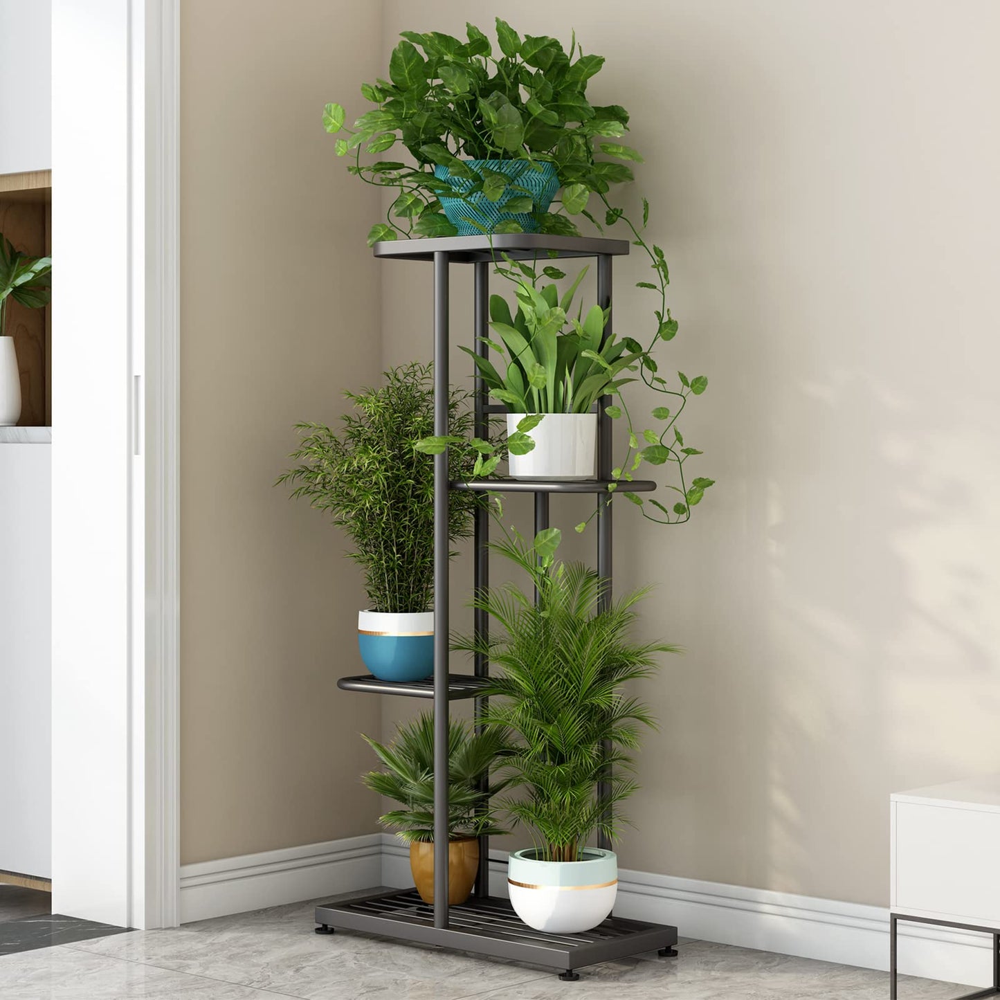 LINZINAR Plant Stand Indoor Outdoor Metal 4 Tier 5 Potted Multiple Flower Pot Holder ShelfPlanter Display Shelving Unit for Patio Garden Corner Balcony Living Room