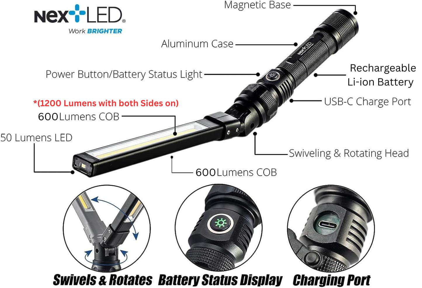 NextLED NT-7544 Double-Sided, Heavy Duty Folding LED Rechargeable Work Light, 600x2 Lumen, Slim Mechanic Light with Magnet, W/Top Light, Aluminum Body, Magnetic Flashlight for Auto Repair/Inspection