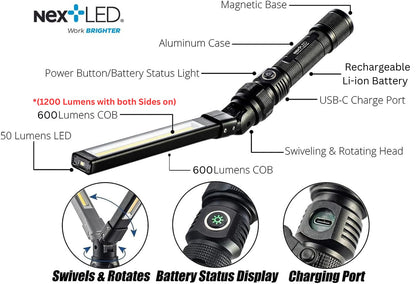 NextLED NT-7544 Double-Sided, Heavy Duty Folding LED Rechargeable Work Light, 600x2 Lumen, Slim Mechanic Light with Magnet, W/Top Light, Aluminum Body, Magnetic Flashlight for Auto Repair/Inspection
