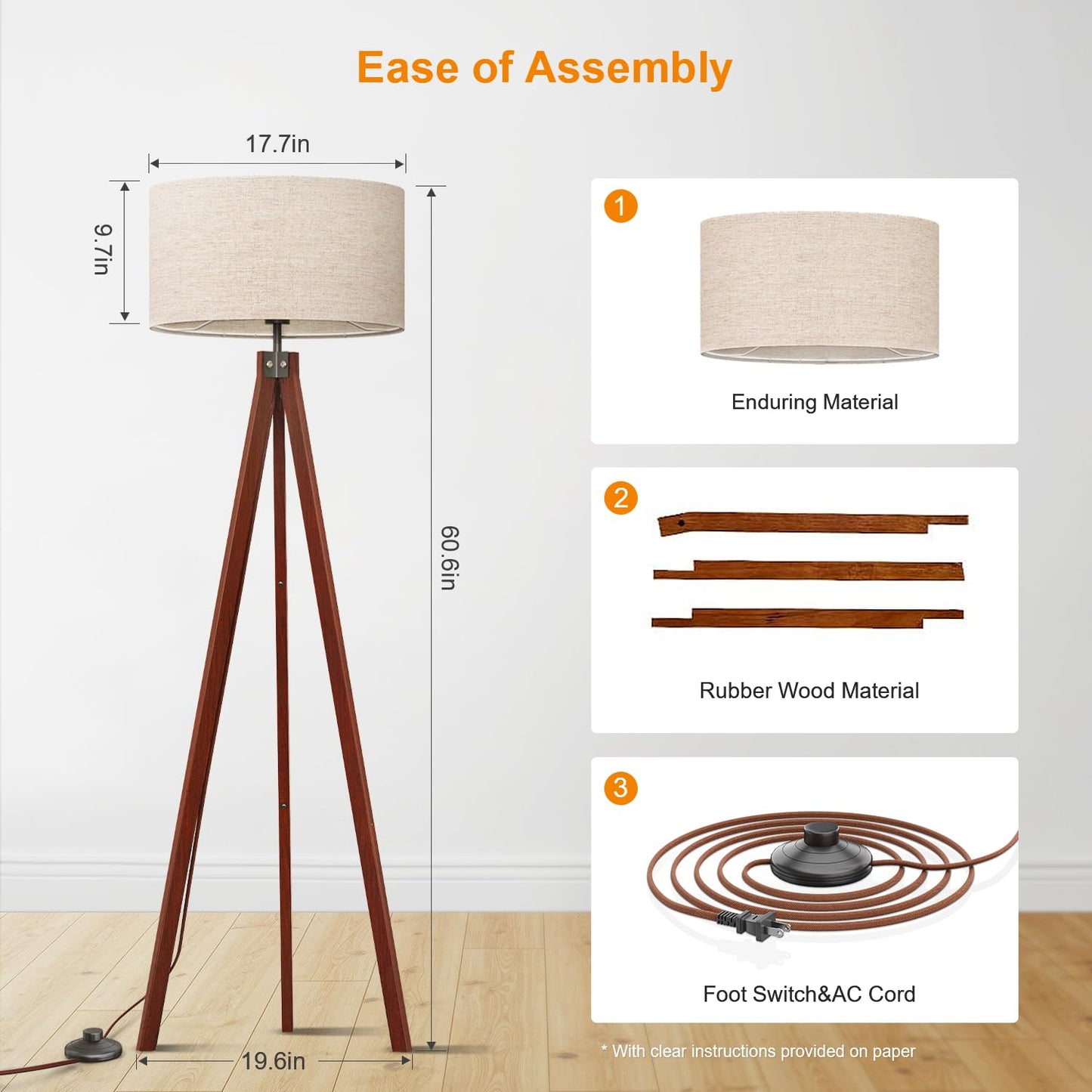 LEPOWER Wood Tripod Floor Lamp, Mid Century Standing Lamp, Modern Design Studying Light for Living Room, Bedroom, Study Room and Office, Flaxen Linen Shade with E26 Base Brown